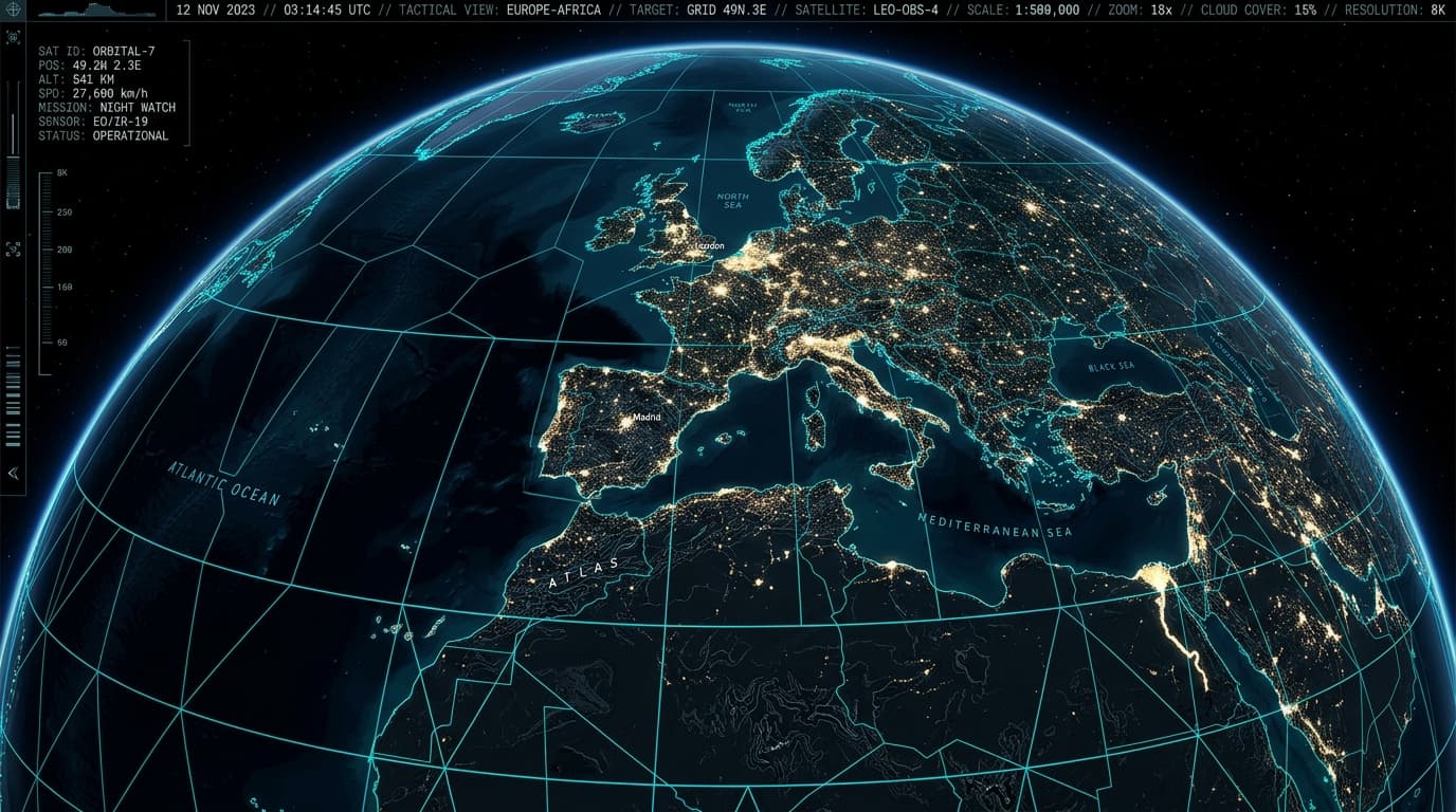 Tactical orbital reconnaissance globe showing geodesic coordinate grid